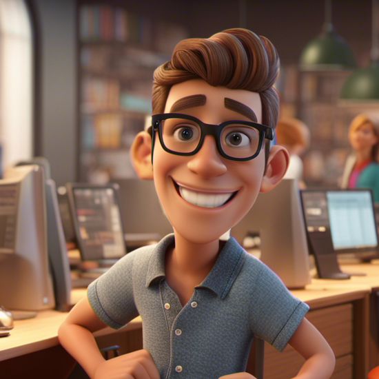 Realistic photograph of a smiling youg man, social clothes, glasses, in front of image, disney pixar (4)